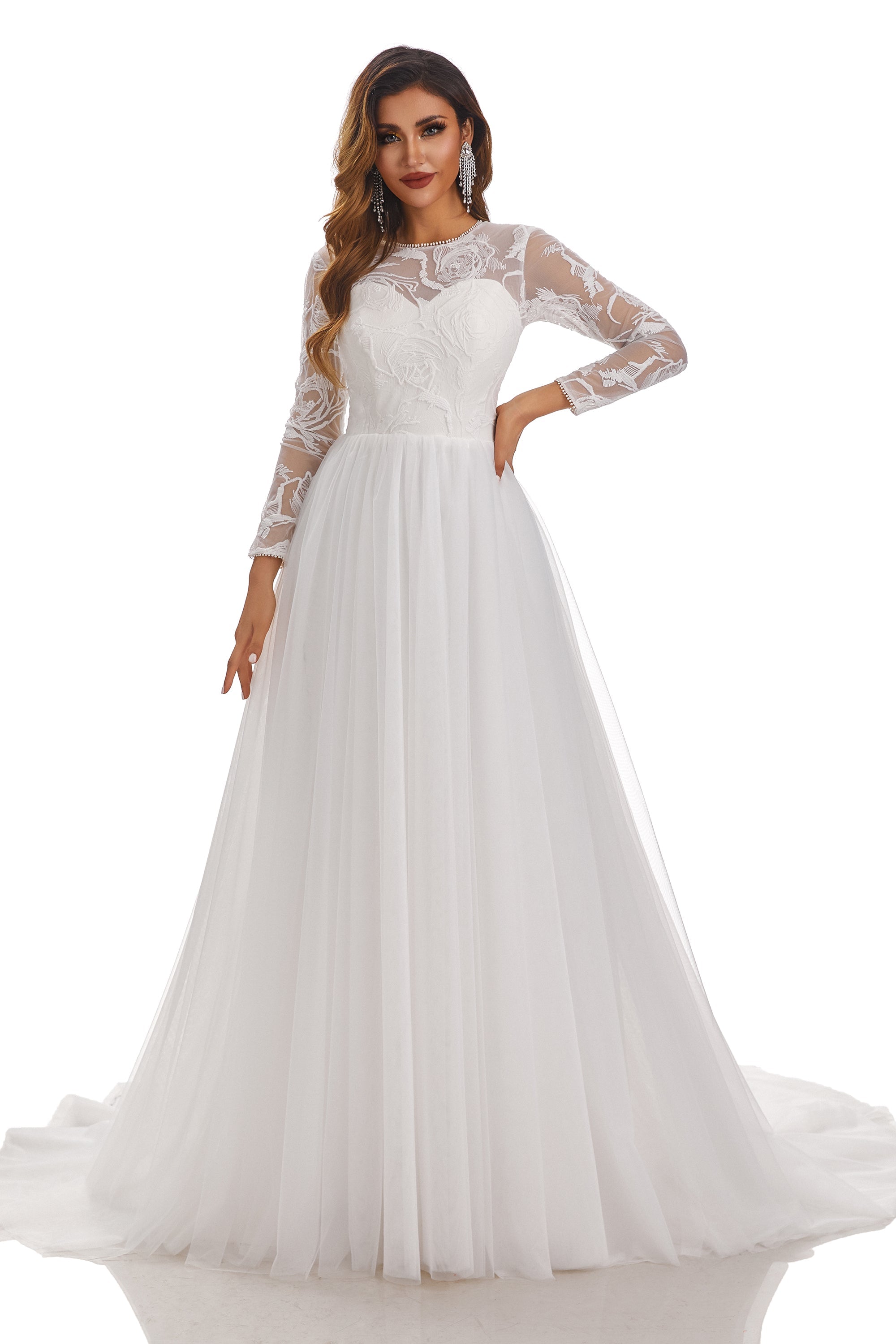 A Line Long Sleeve Lace Appliques Tulle Wedding Dresses