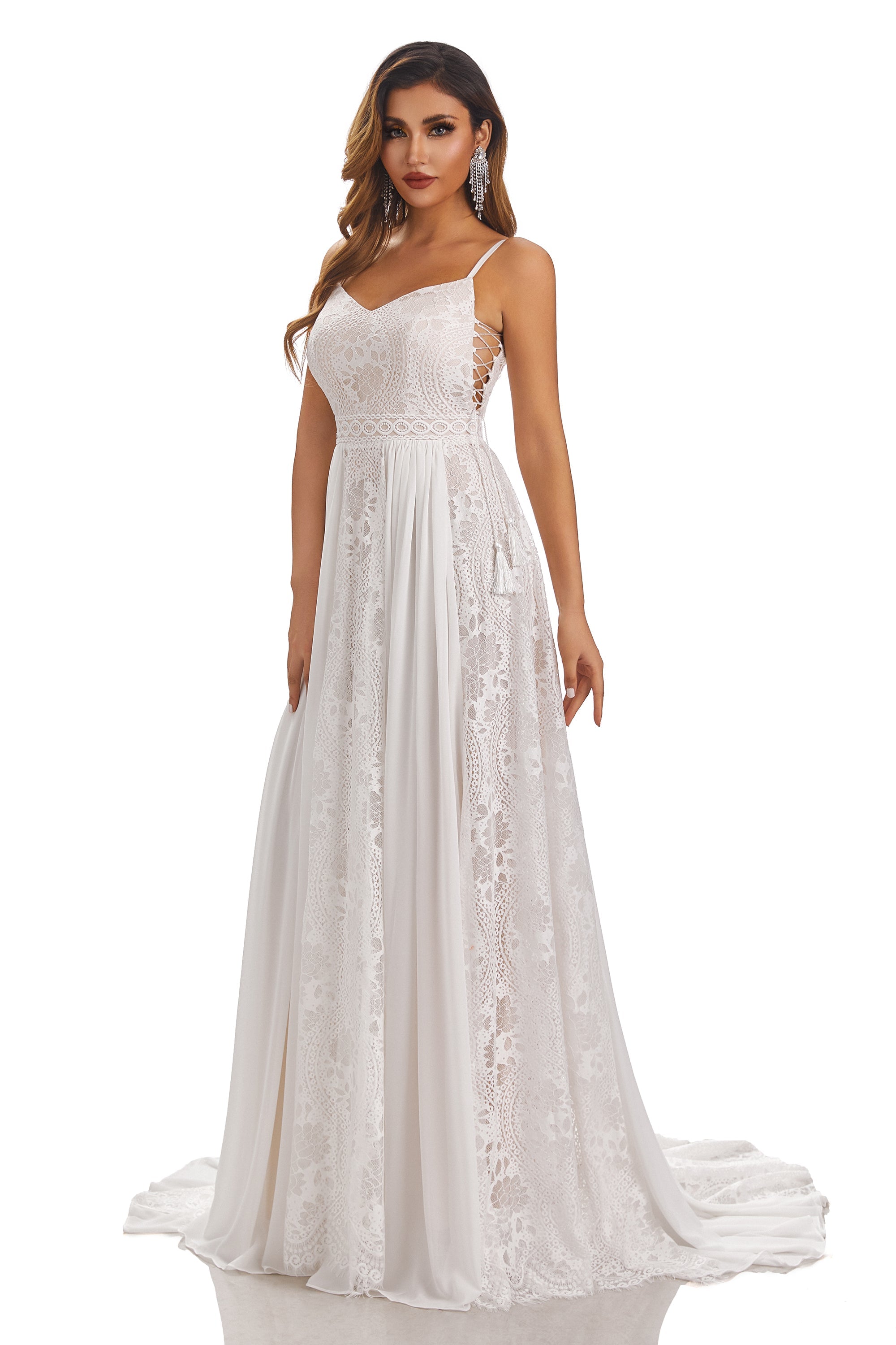 A Line Spaghetti Straps Lace Beach Wedding Dresses