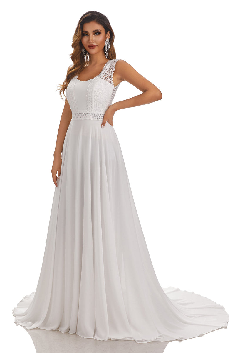 Spaghetti Strap V-neck White Lace Appliqued Beach Wedding Dresses ...
