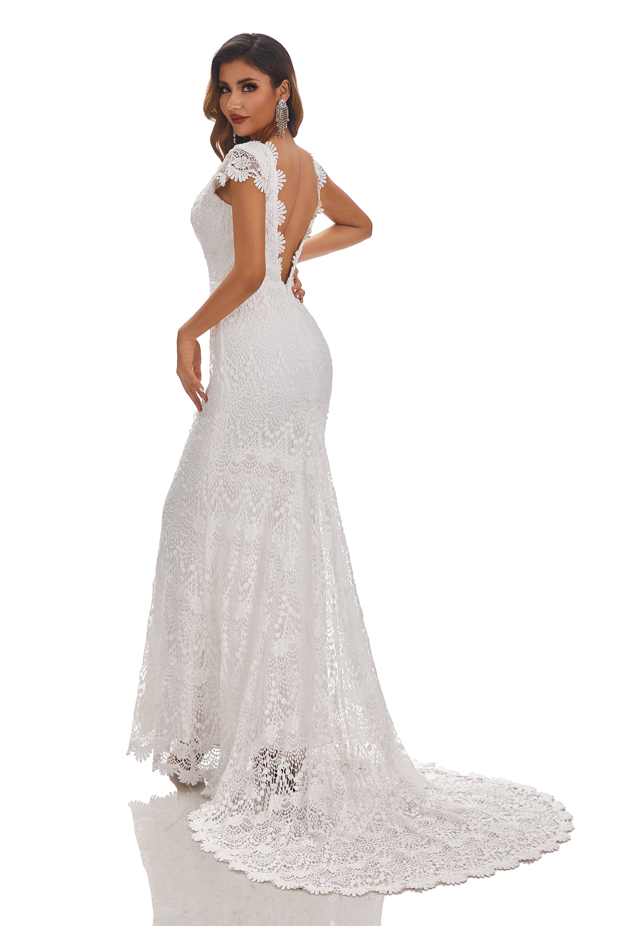 Mermaid Cap Sleeves V-Neck Lace Wedding Dresses