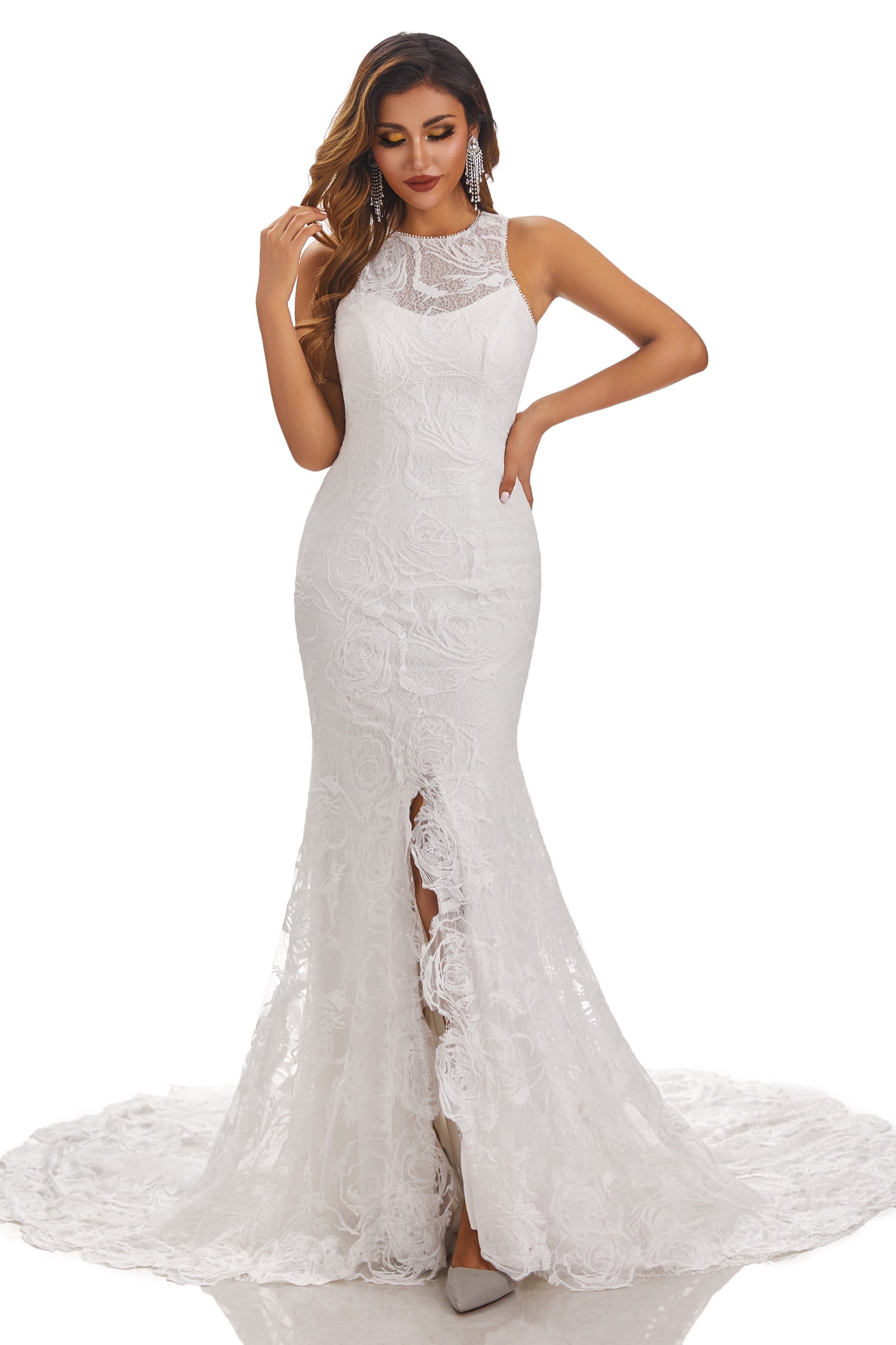 Mermaid Open Back Lace Wedding Dresses With Front Spilt