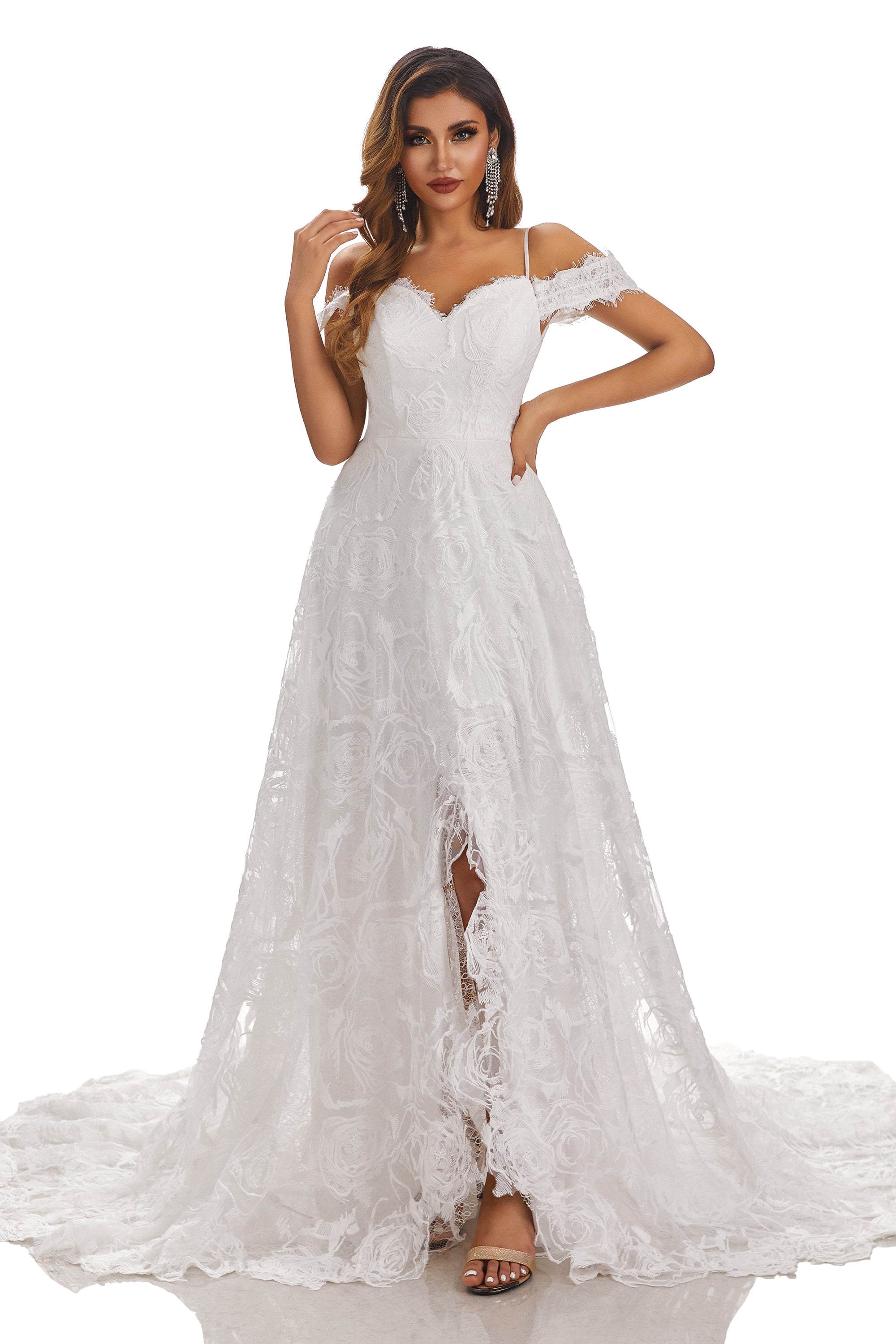 Off The Shoulder Sweetheart A Line Sweep Train Lace Wedding Dresses