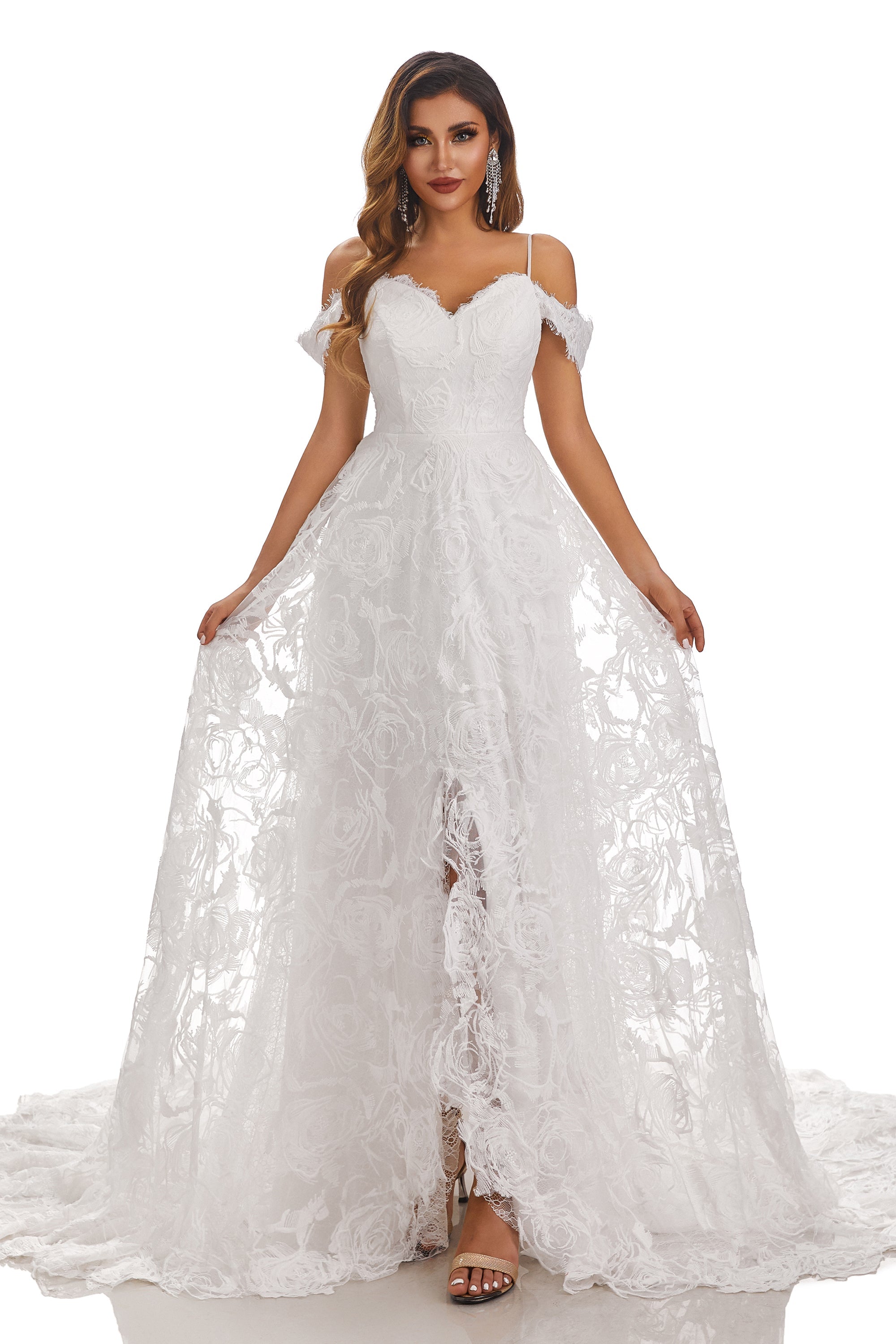 Off The Shoulder Sweetheart A Line Sweep Train Lace Wedding Dresses