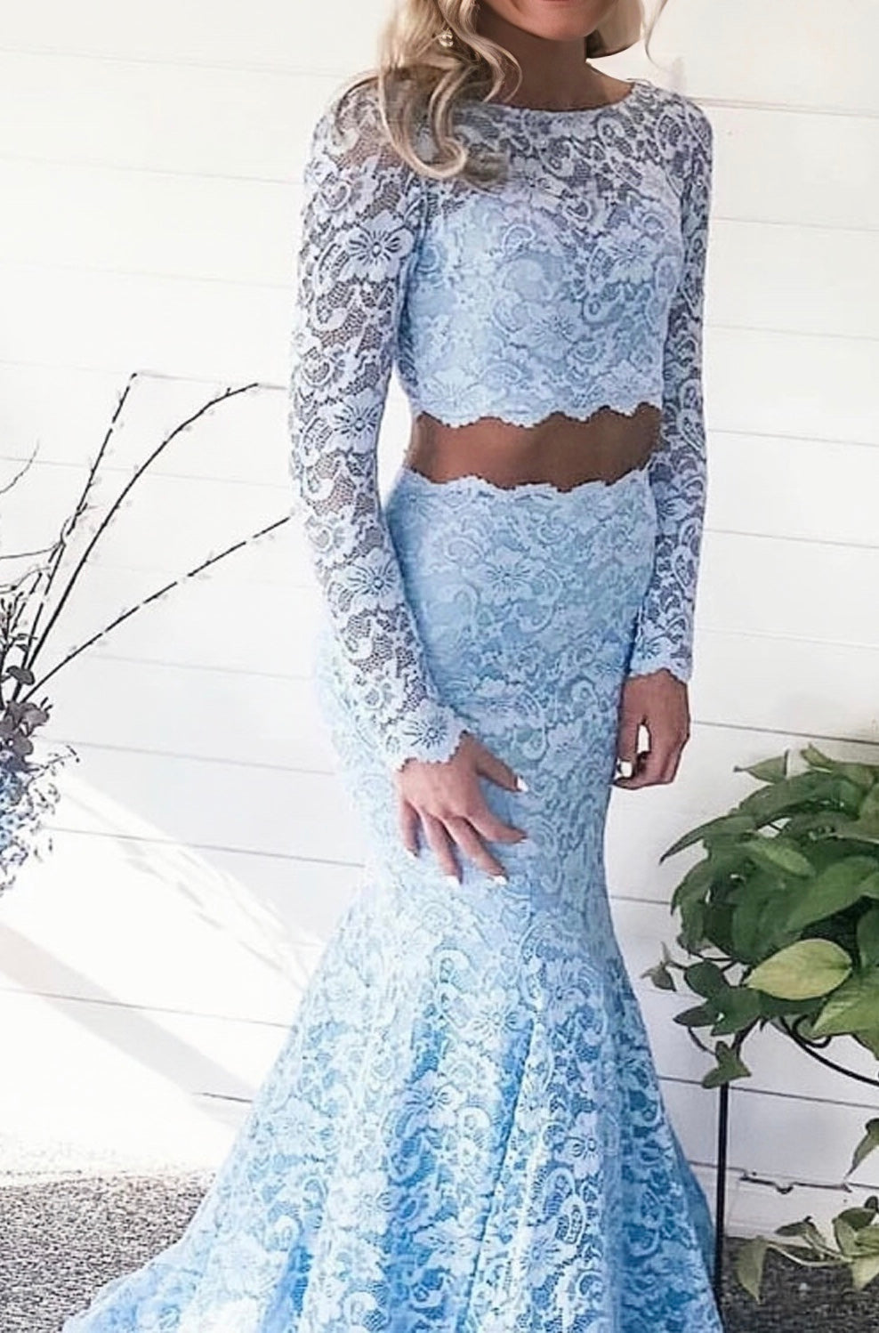 Two Pieces Mermaid Light Blue Long Sleeves Lace Prom Dresses