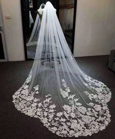 Lace Wedding Veil FN-056, 118 Inches Bridal Veil, Tulle Cathedral Length,  Veil With Comb, One Tier Veil, Bundle Veil 
