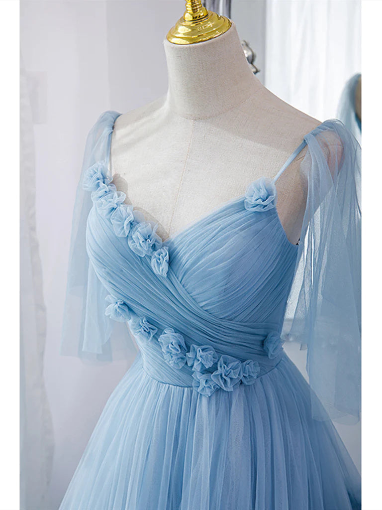 Blue Straps Ruffles Long Prom Dress Princess Evening Dresses OK2004