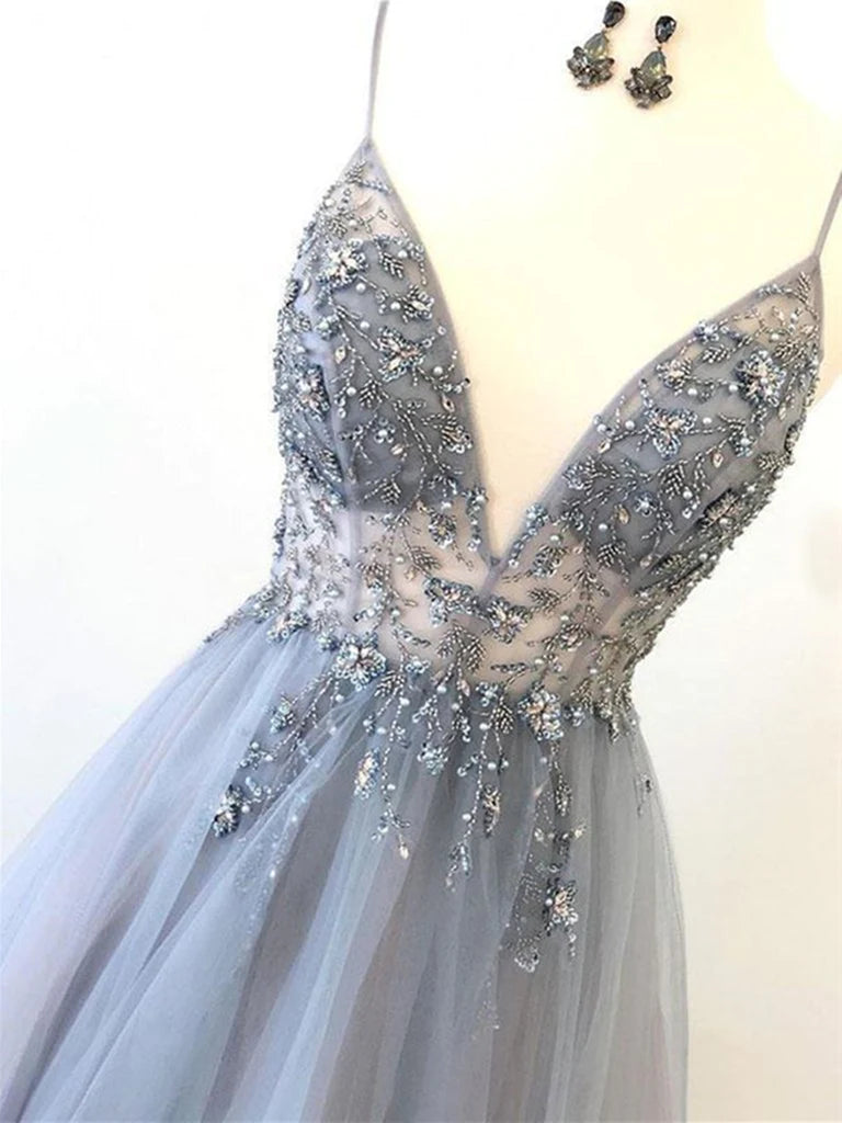 Spaghetti Straps Floor Length Beading Prom Dresses with Rhinestone N2590