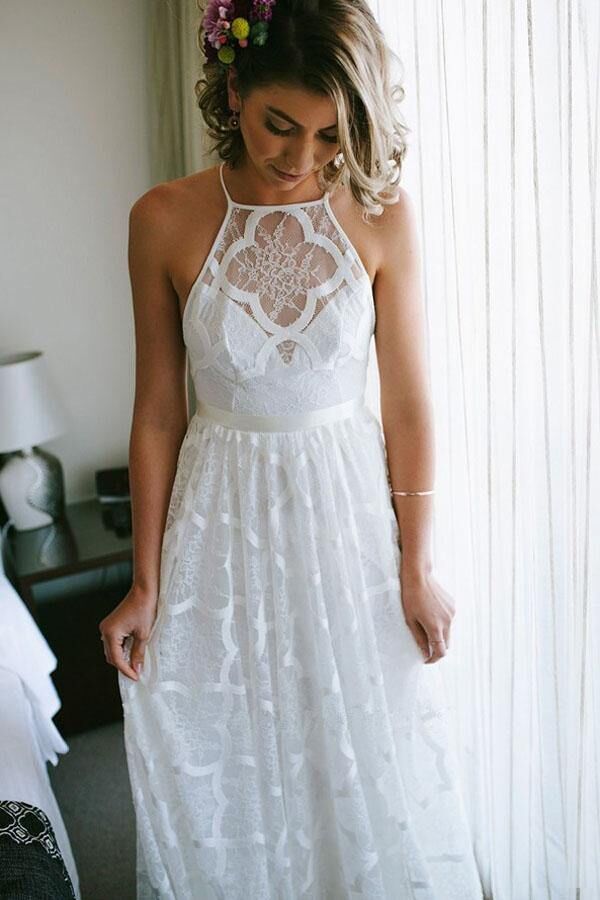 A Line Halter Sleeveless Lace Open Back Beach Wedding Dresses