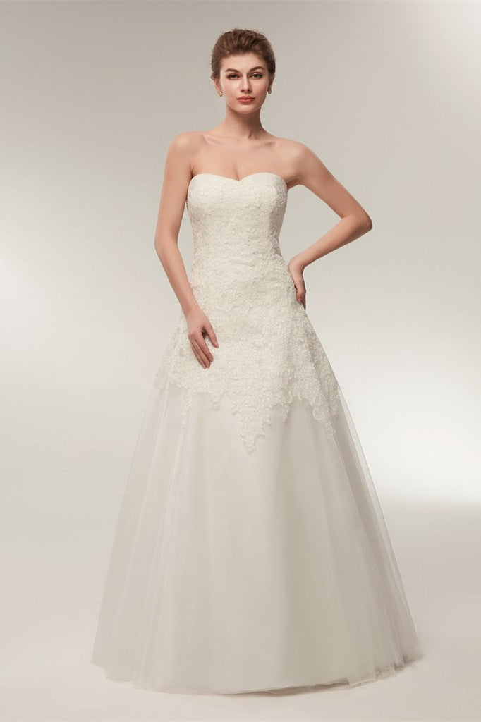 A Line Strapless Ivory Lace Floor Length Wedding Dresses WH32634