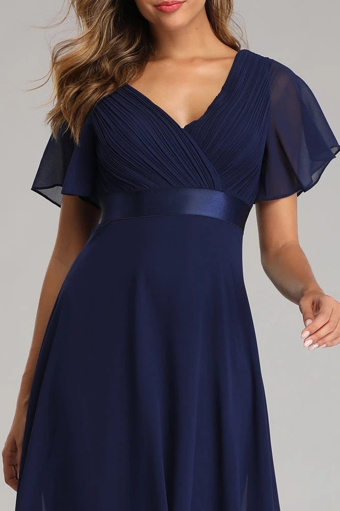 Flowy Chiffon Dark Navy Blue Prom Dresses V-Neck Short Sleeve Long Bridesmaid Dresses XU90812