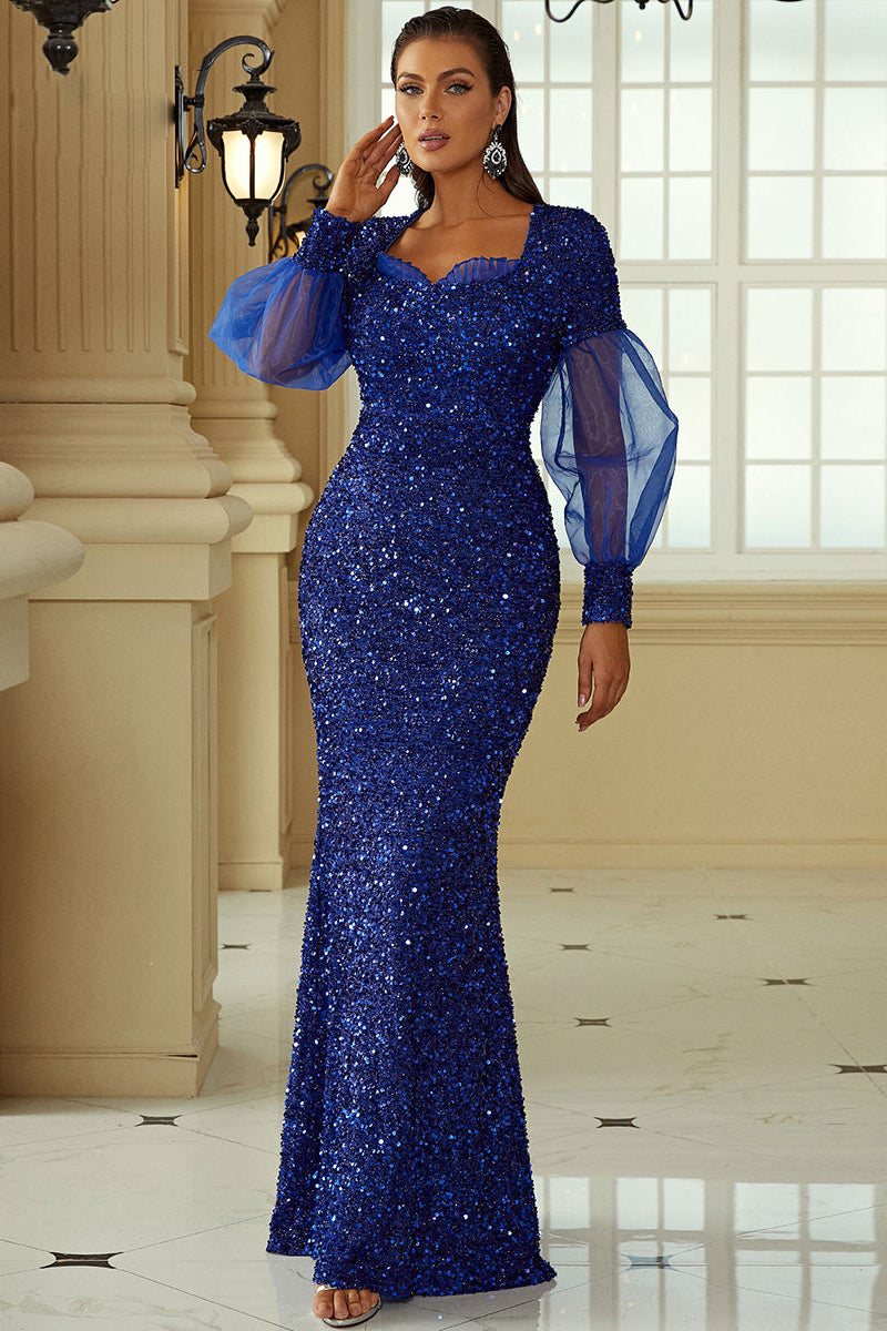 Sweetheart Long Mesh Sleeve Prom Dresses Blue Glitter Sequins Evening Dresses