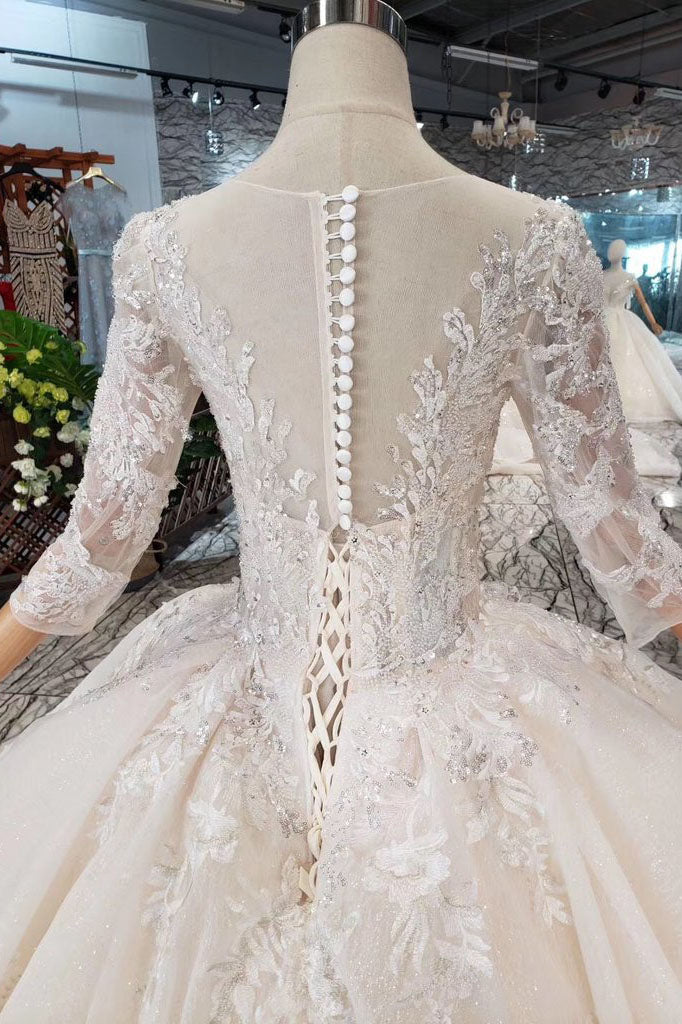 Gorgeous Scoop Ball Gown Wedding Dresses Sparkly 3/4 Sleeves Wedding Gown N1629