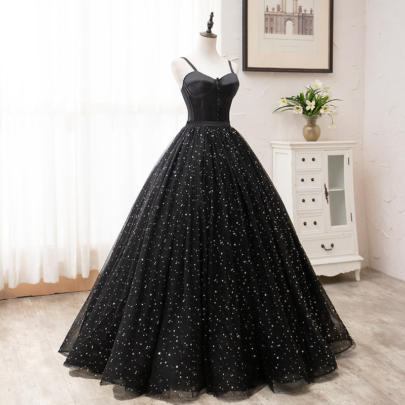 Spaghetti Straps Ball Gown Black Princess Prom Dresses