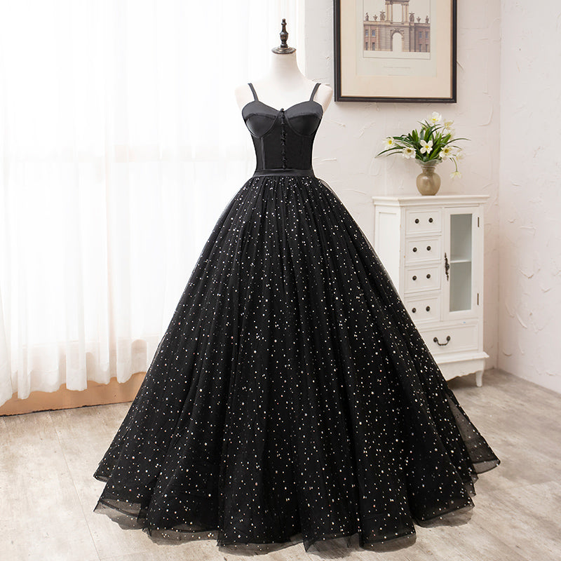 Spaghetti Straps Ball Gown Black Princess Prom Dresses