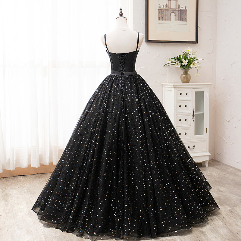 Spaghetti Straps Ball Gown Black Princess Prom Dresses