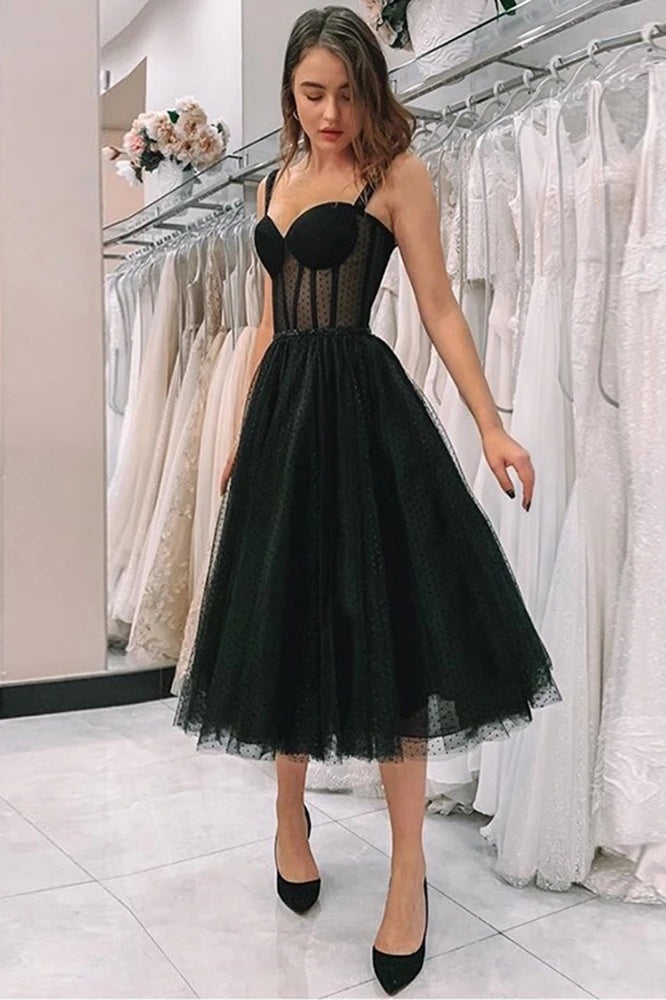 Black Spaghetti Straps Tea Length Tulle Homecoming Dresses