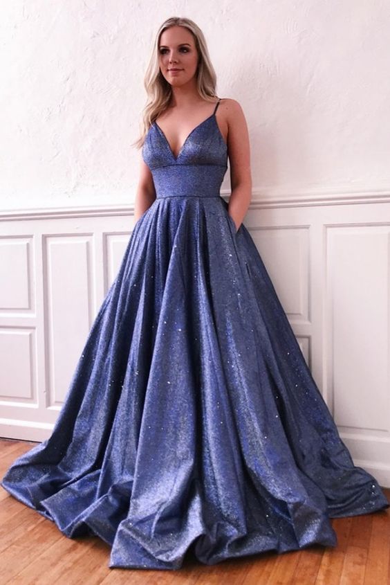 Modest Spaghetti Straps Blue V-neck Long Party Prom Dresses With Pockets Y0008