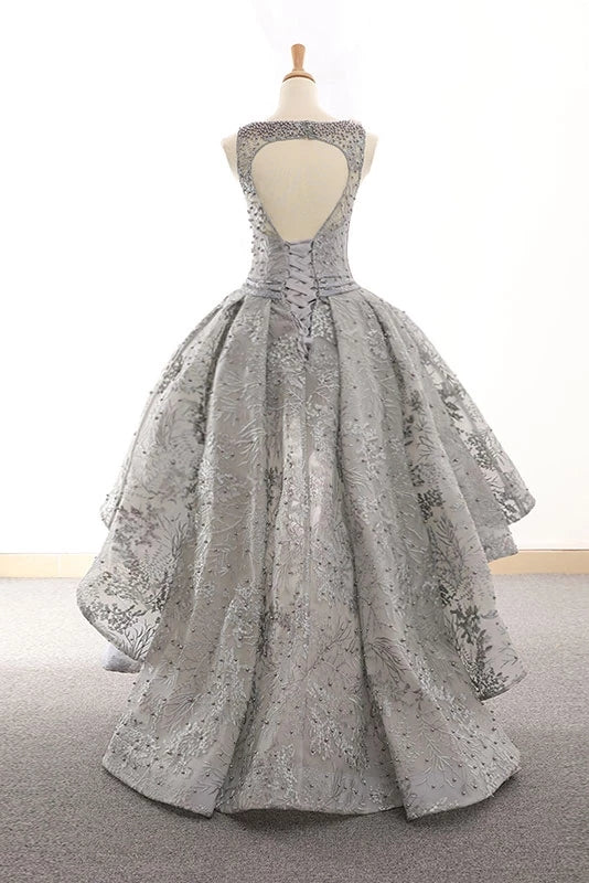 Silver Gray High Low Lac Beading Open Back Prom Dresses Homecoming Dresses Y0015