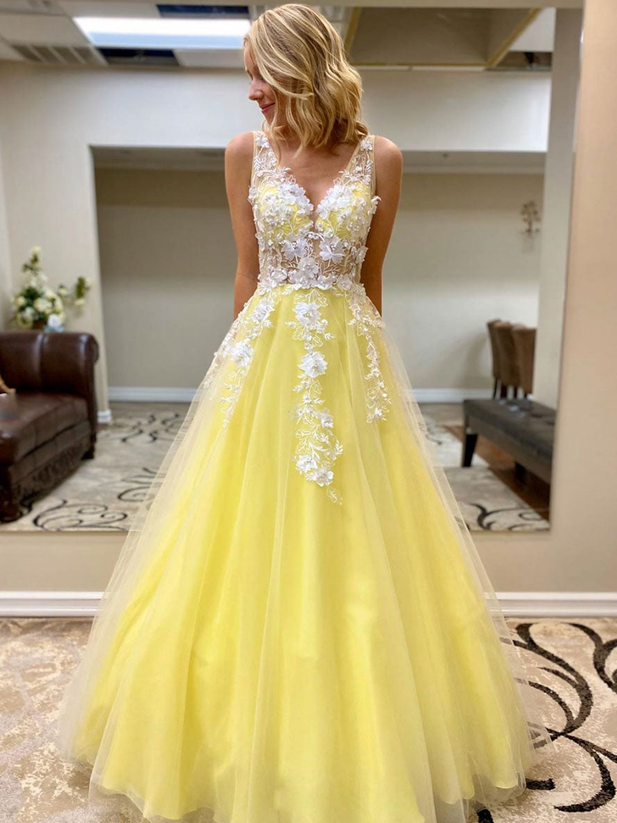 A Line Yellow Sleeveless Lace Appliqued Princess Prom Dresses