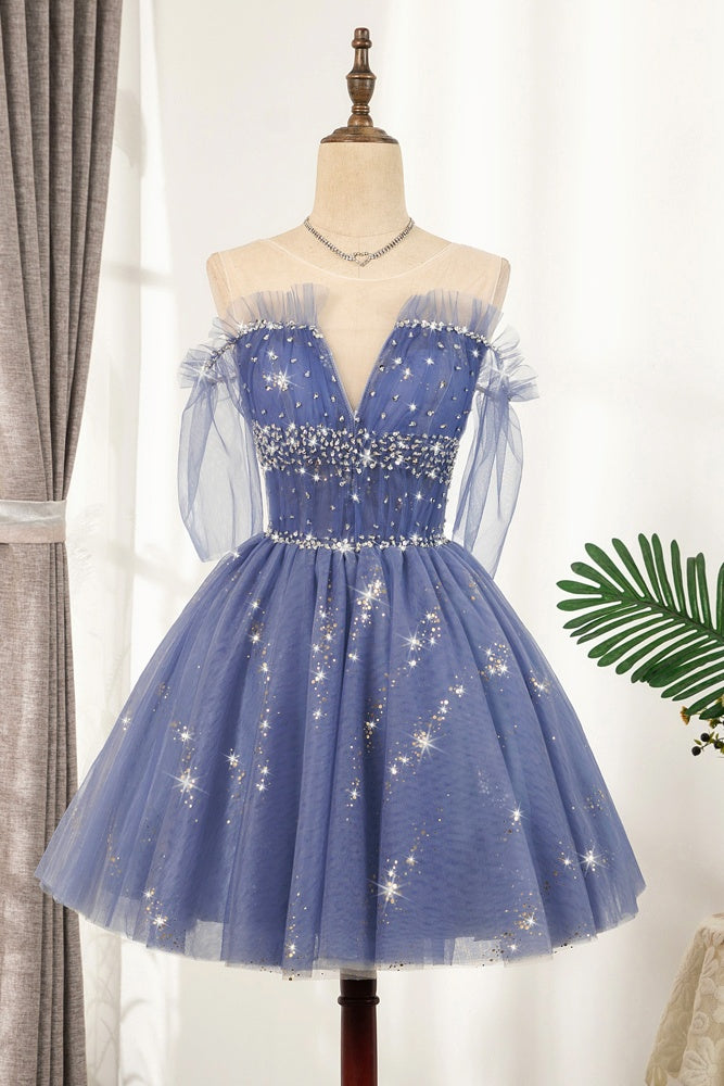 Flowy Cute A Line Blue Homecoming Dresses Short Beading Prom Dresses Y0029