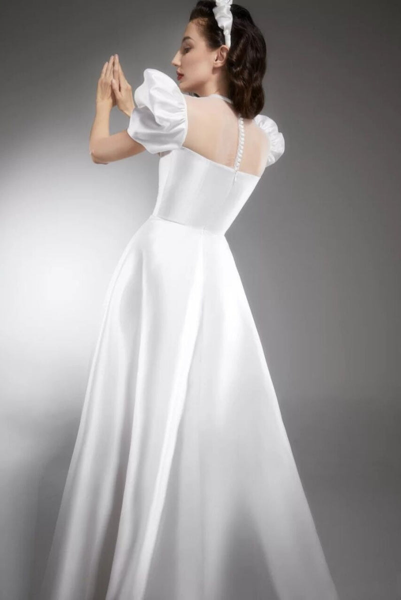Vintage White A Line Puff Sleeves Disney Long Wedding Dresses ...