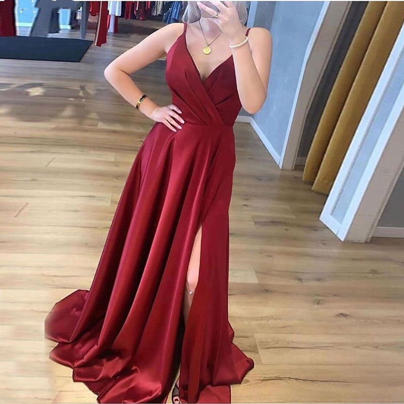 A Line Spaghetti Straps V-Neck Front Split Long Party Prom Dresses