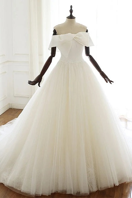 Off The Shoulder Lace Up Ivory Tulle Wedding Dress Elegant Bridal Gowns Y0062