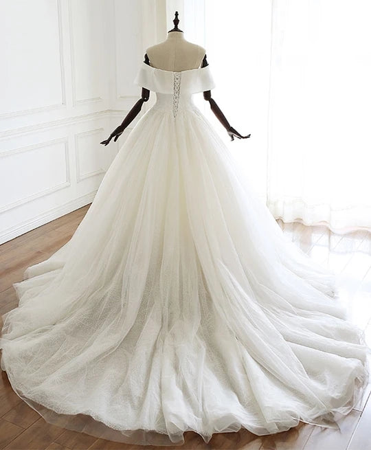 Off The Shoulder Lace Up Ivory Tulle Wedding Dress Elegant Bridal Gowns Y0062