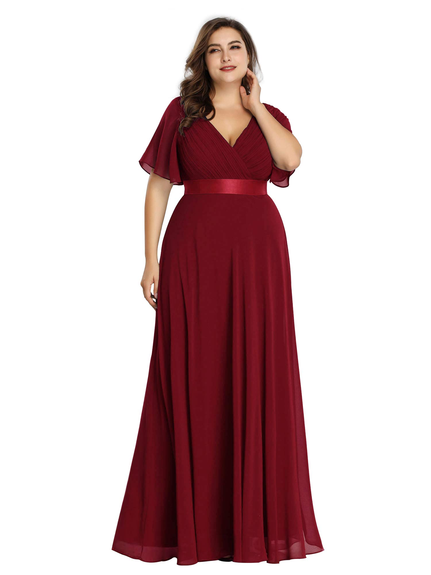 V-Neck Burgundy Long A Line Chiffon Long Plus Sizes Prom Dresses Y0066