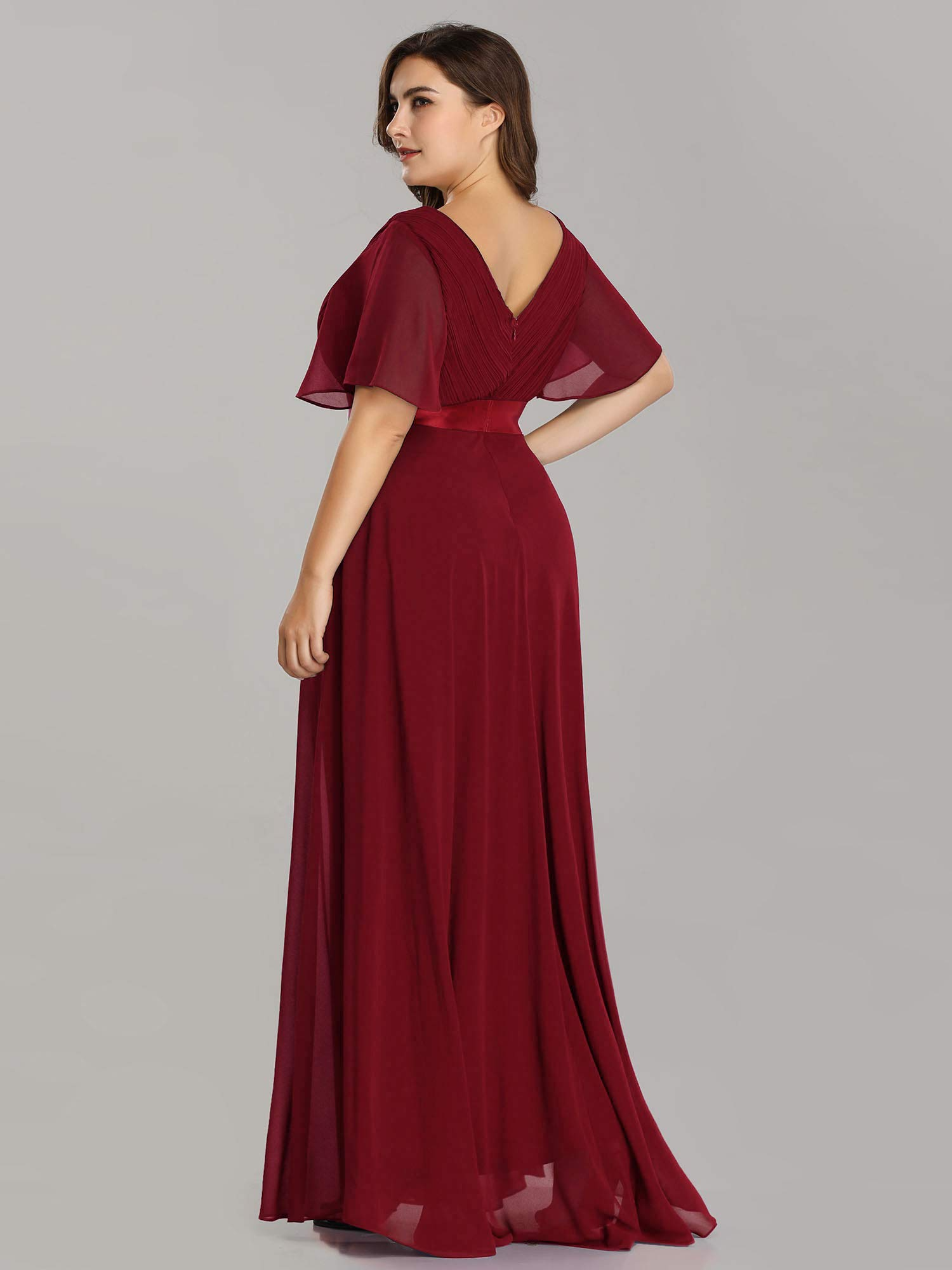 V-Neck Burgundy Long A Line Chiffon Long Plus Sizes Prom Dresses Y0066