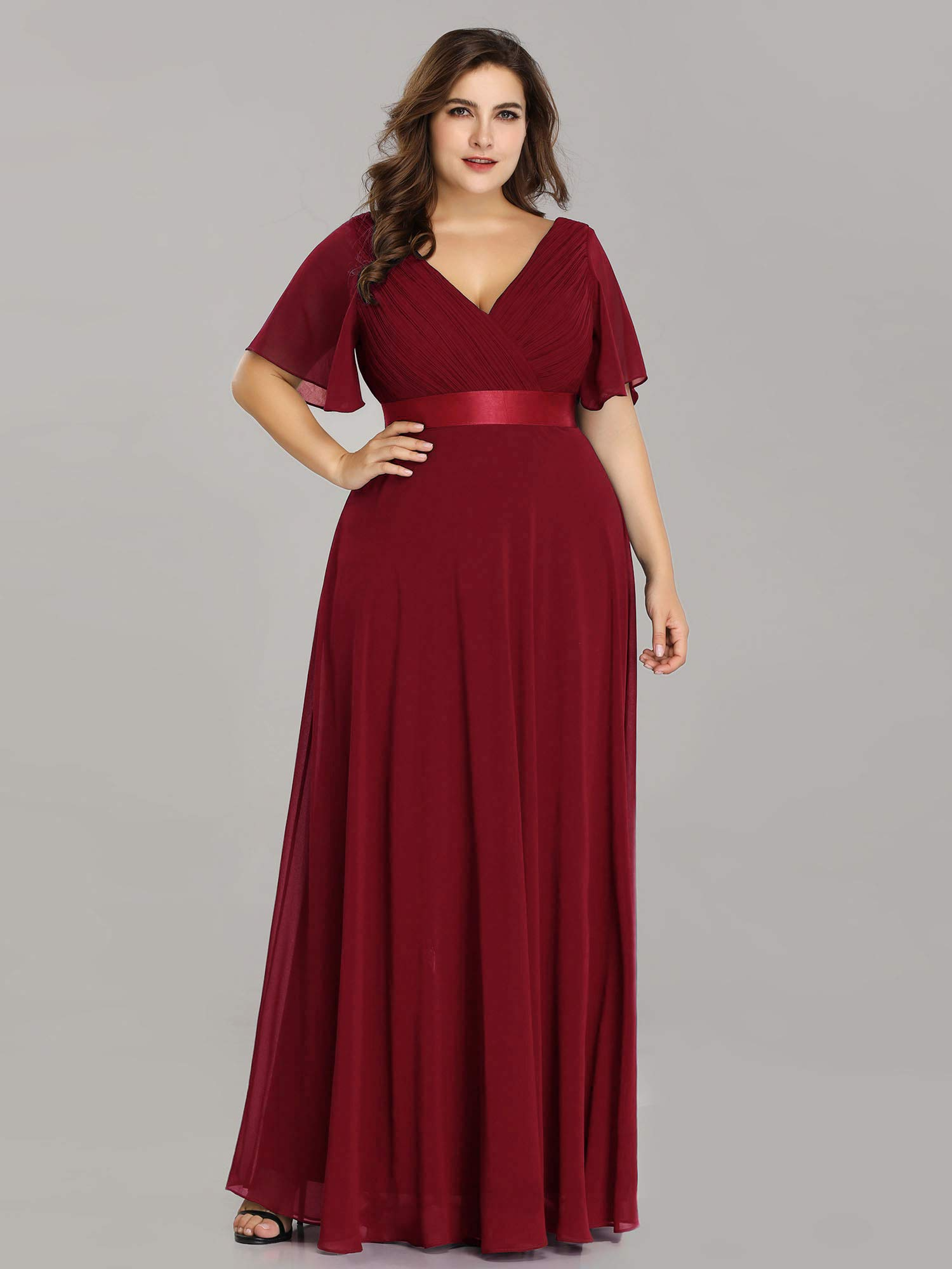 V-Neck Burgundy Long A Line Chiffon Long Plus Sizes Prom Dresses Y0066