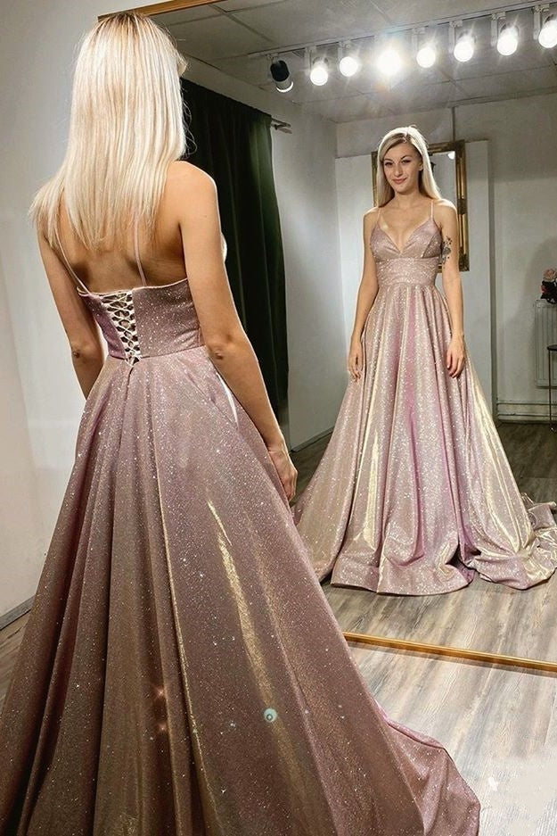 Beautiful A Line Spaghetti Straps Long Sequin Shiny Prom Dresses Party Gowns Y0068