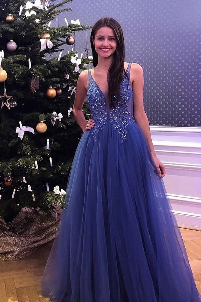 Flowy V-Neck Lace Tulle Beading Long Blue A Line Party Prom Dresses Y0085