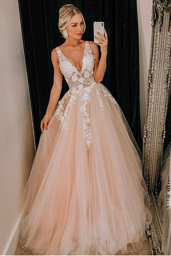 Beautiful V-Neck Long Floor Length Princess Dresses Prom Dresses With Appliques Y0093