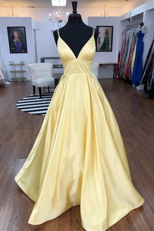 Spaghetti Straps V-Neck Long Daffodil Satin Prom Dress Y0102