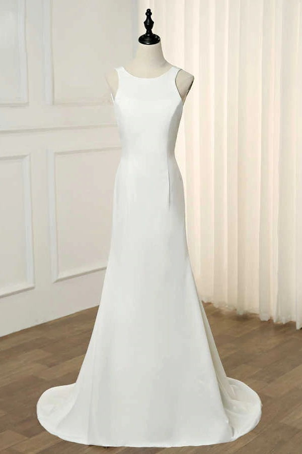 Chic Elegant Scoop Neckling Long Ivory Wedding Dress Y0115