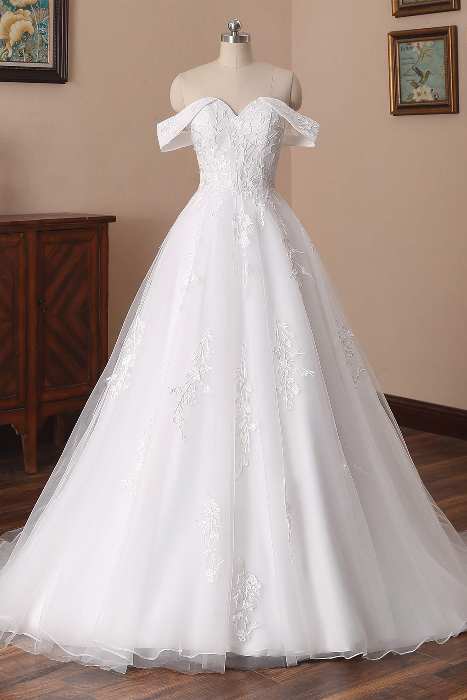 Charming Off The Shoulder Long A Line Tulle Wedding Dress With Lace Appliques Y0121