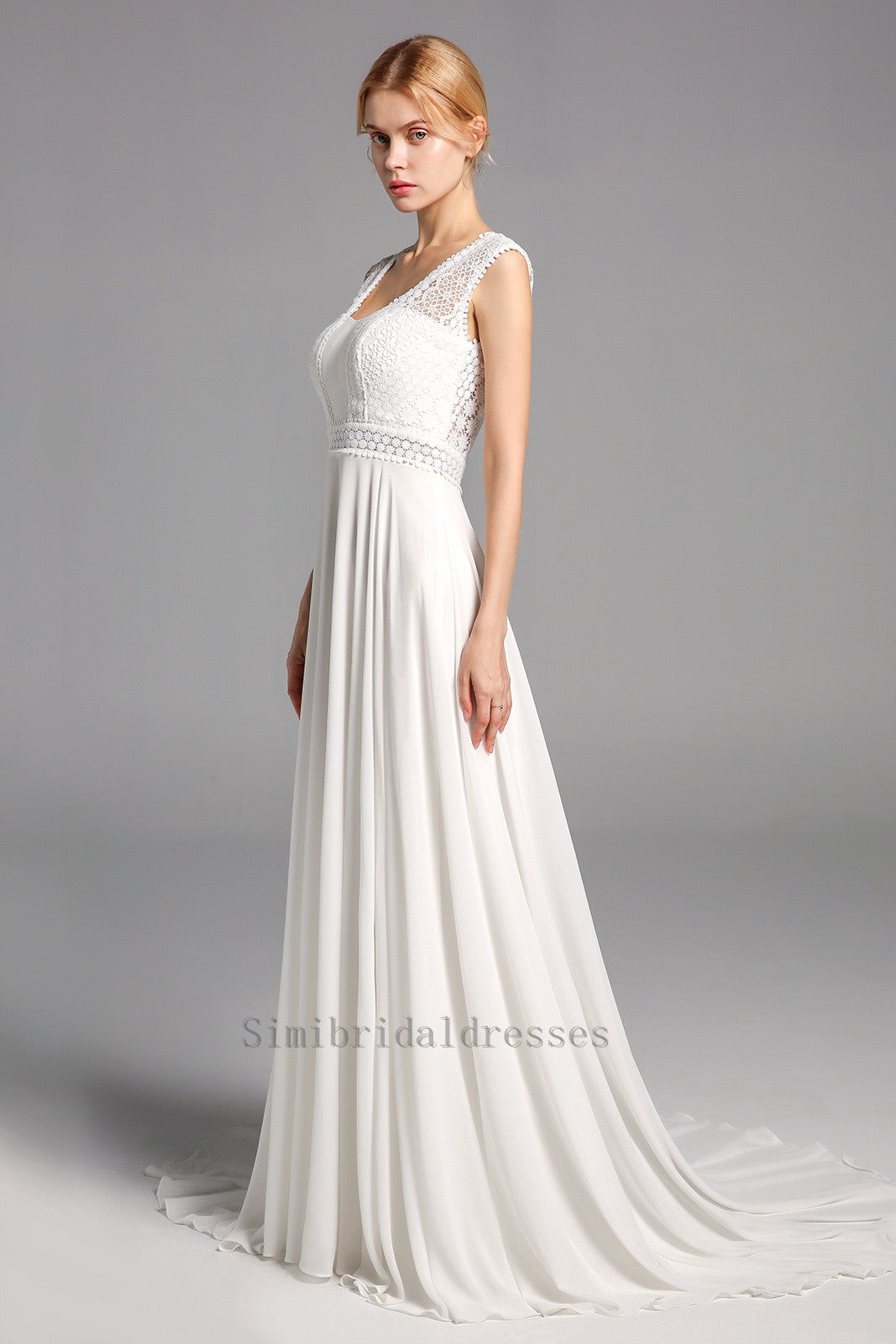 Charming Lace Chiffon Open Back Long Beach Wedding Dresses Y0130