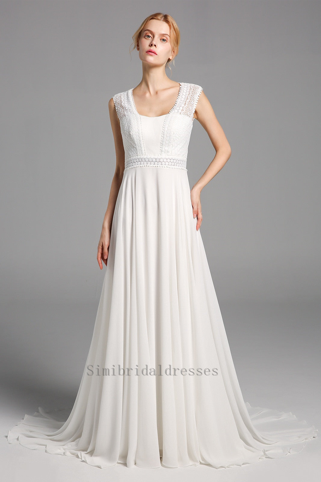 Charming Lace Chiffon Open Back Long Beach Wedding Dresses Y0130