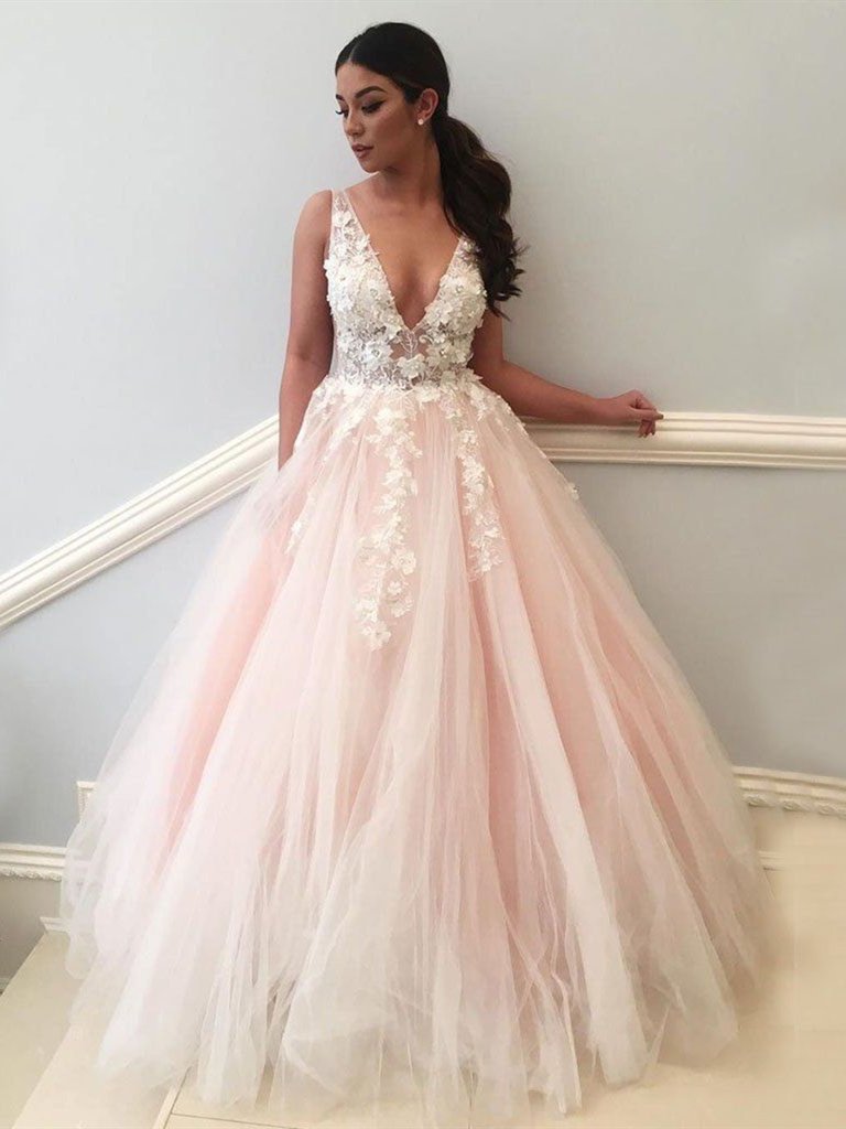 Deep V-neck Long A-line Beauty Pink Princess Dresses Prom Dresses Y0138