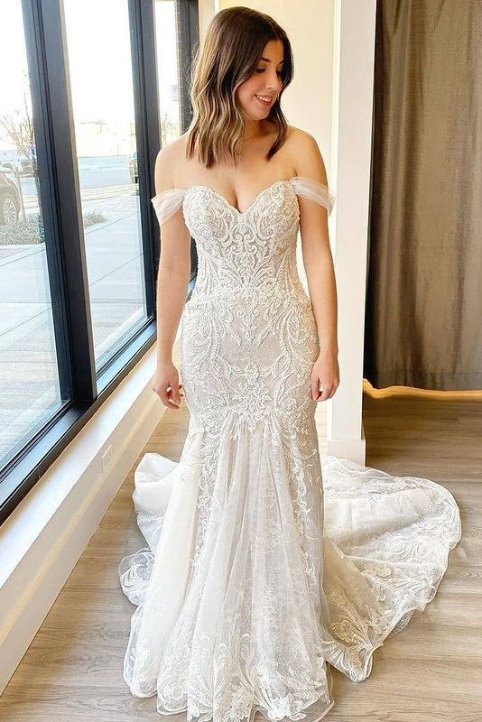 Gorgeous Off The Shoulder Long Mermaid Lace Wedding Dresses Y0153