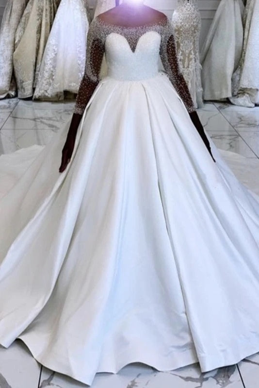 Gorgeous White Long Sleeves Ball Gown Beading Satin Long Wedding Dresses Y0162