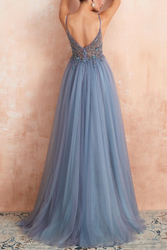 Cute Spaghetti Straps V-Neck Beading Long Front Split Prom Dresses Y0164