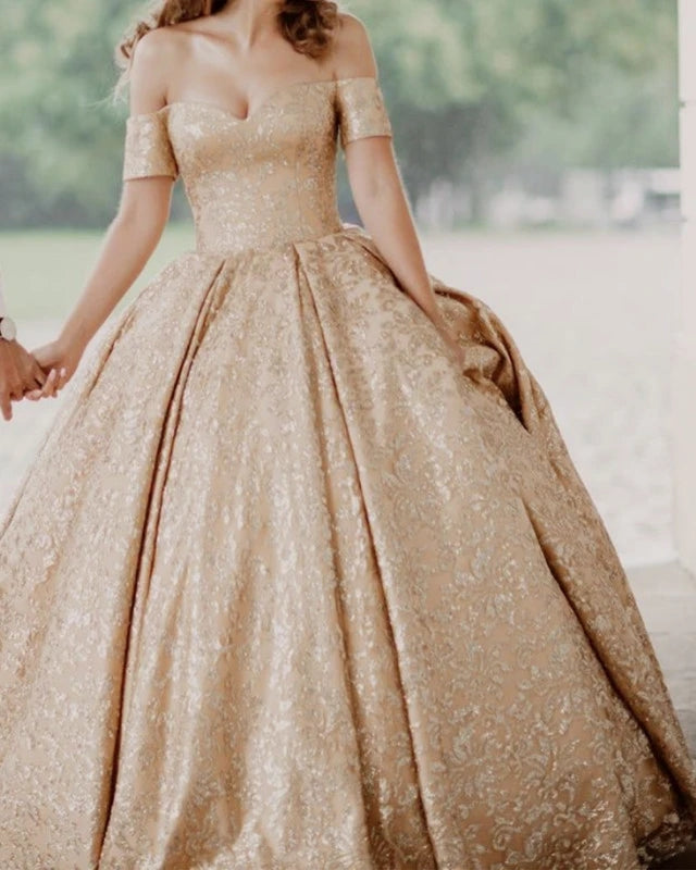 Gorgeous Off The Shoulder Gold Lace Ball Gown Prom Dresses Quinceanera Dresses Y0173