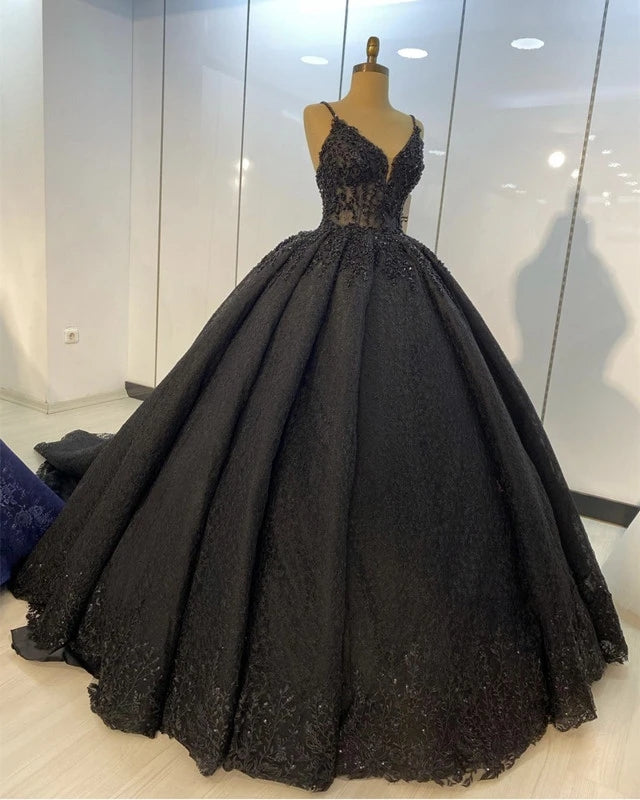 Amazing Ball Gown Spaghetti Straps Black Lace Long Prom Dress Princess ...