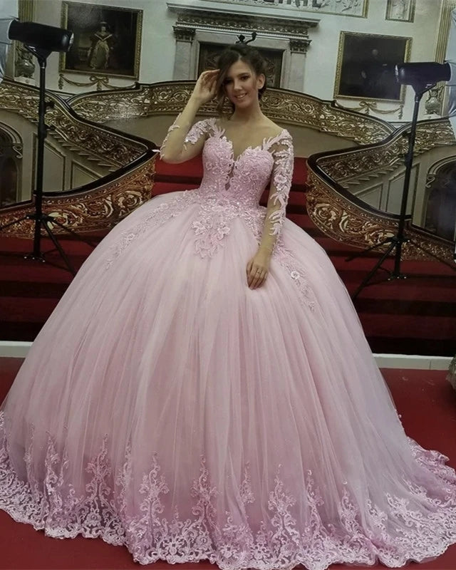 Ball Gown Long Sleeves Lace Appliqued Tulle Light Pink Sweet 16 Prom D