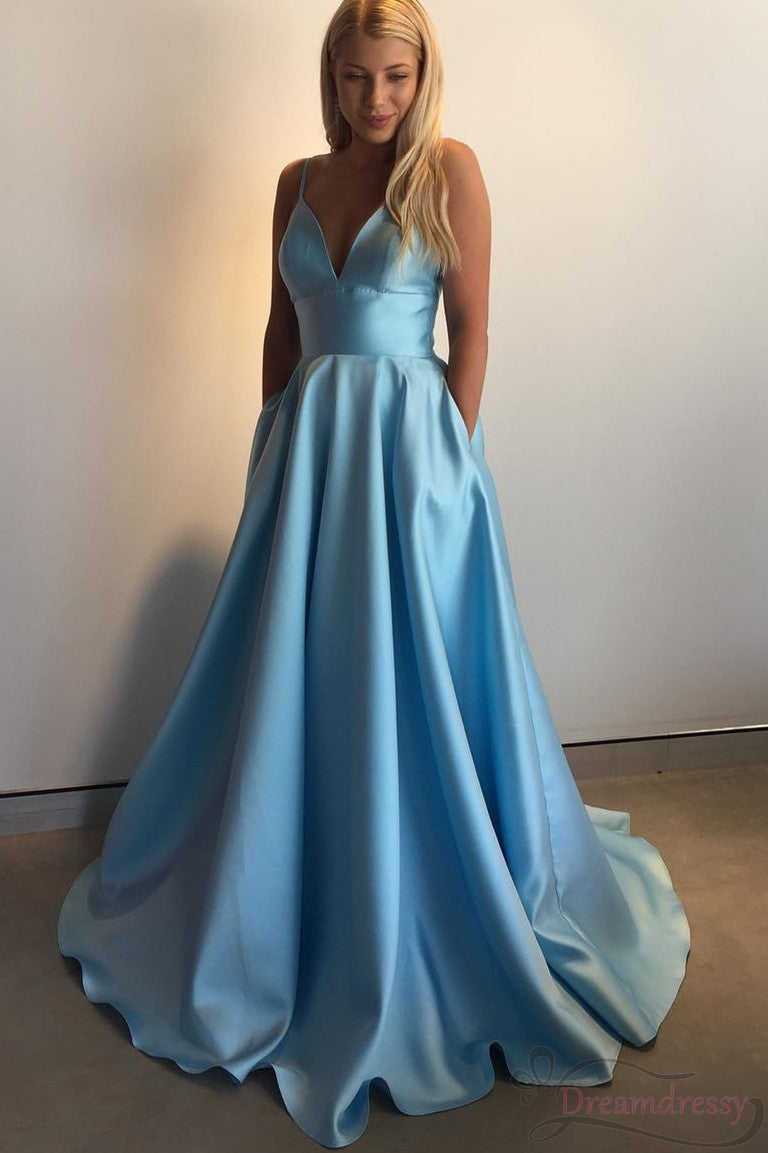 Spaghetti Straps A Line Light Blue Long Prom Dresses With Pocket Y0198