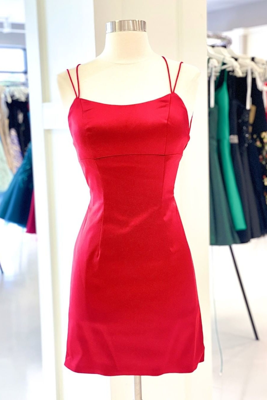 Casual Red Spaghetti Straps Short Sheath Homecoming Dresses Y0287