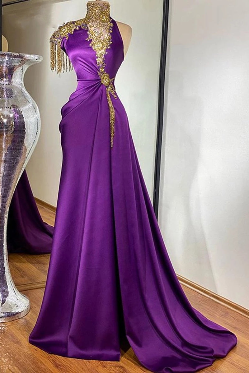 Purple gold prom dress best sale