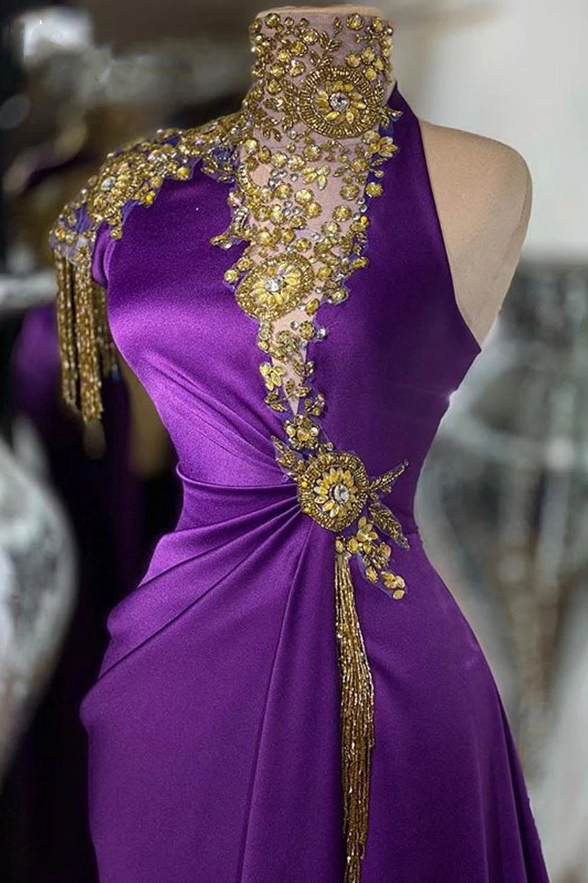 Gorgeous High Neck Purple And Gold beading Long Sheath Prom Dress Y031